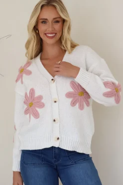 Daisy Belle Cardigan - Cropped Thick Knit Cardigan with Flower Decals in White><noscript><img width=