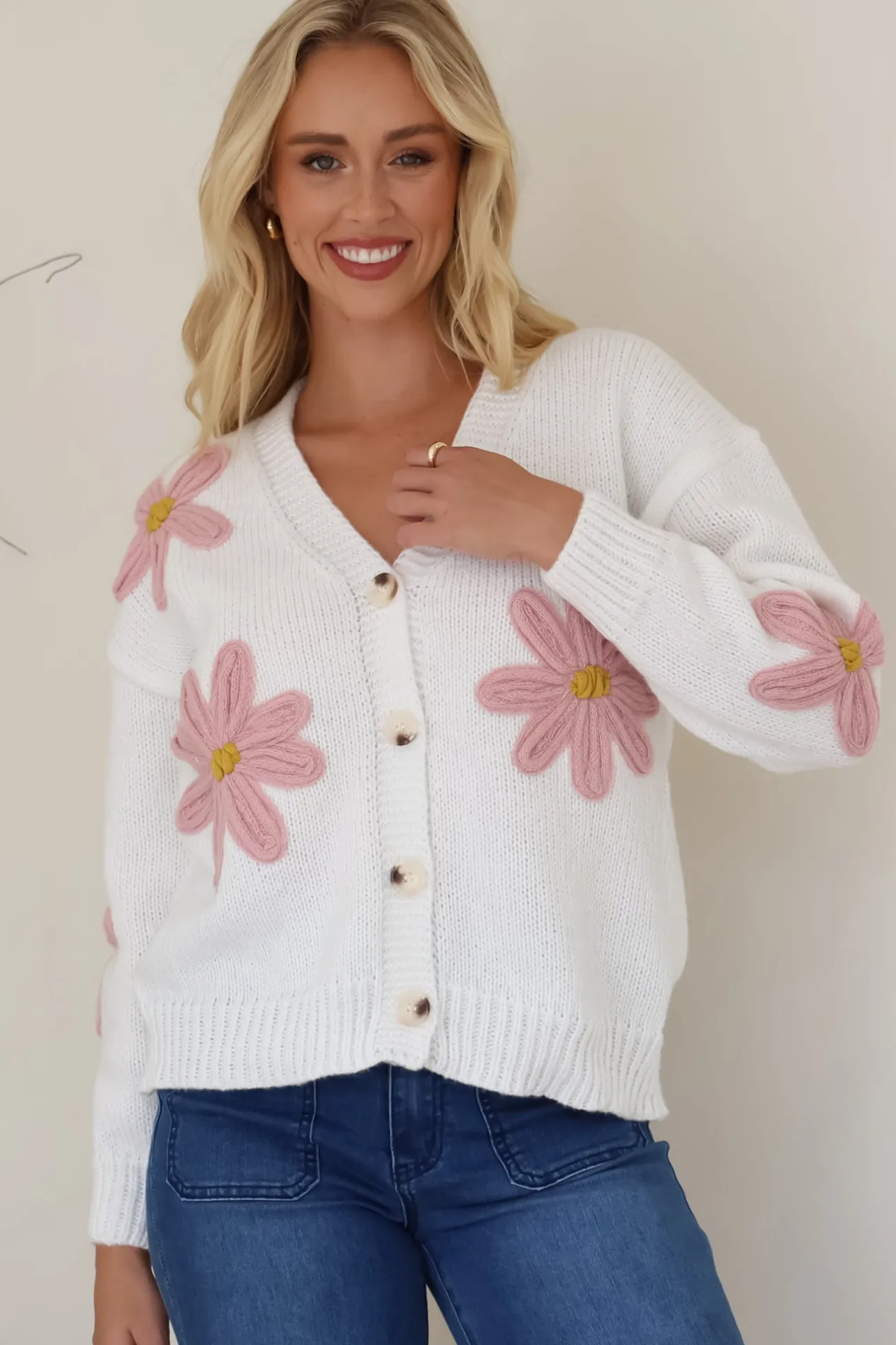 Daisy Belle Cardigan - Cropped Thick Knit Cardigan with Flower Decals in White>Salty Crush Sale