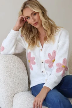 Daisy Belle Cardigan - Cropped Thick Knit Cardigan with Flower Decals in White><noscript><img width=