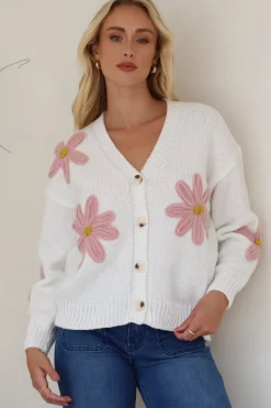 Daisy Belle Cardigan - Cropped Thick Knit Cardigan with Flower Decals in White><noscript><img width=