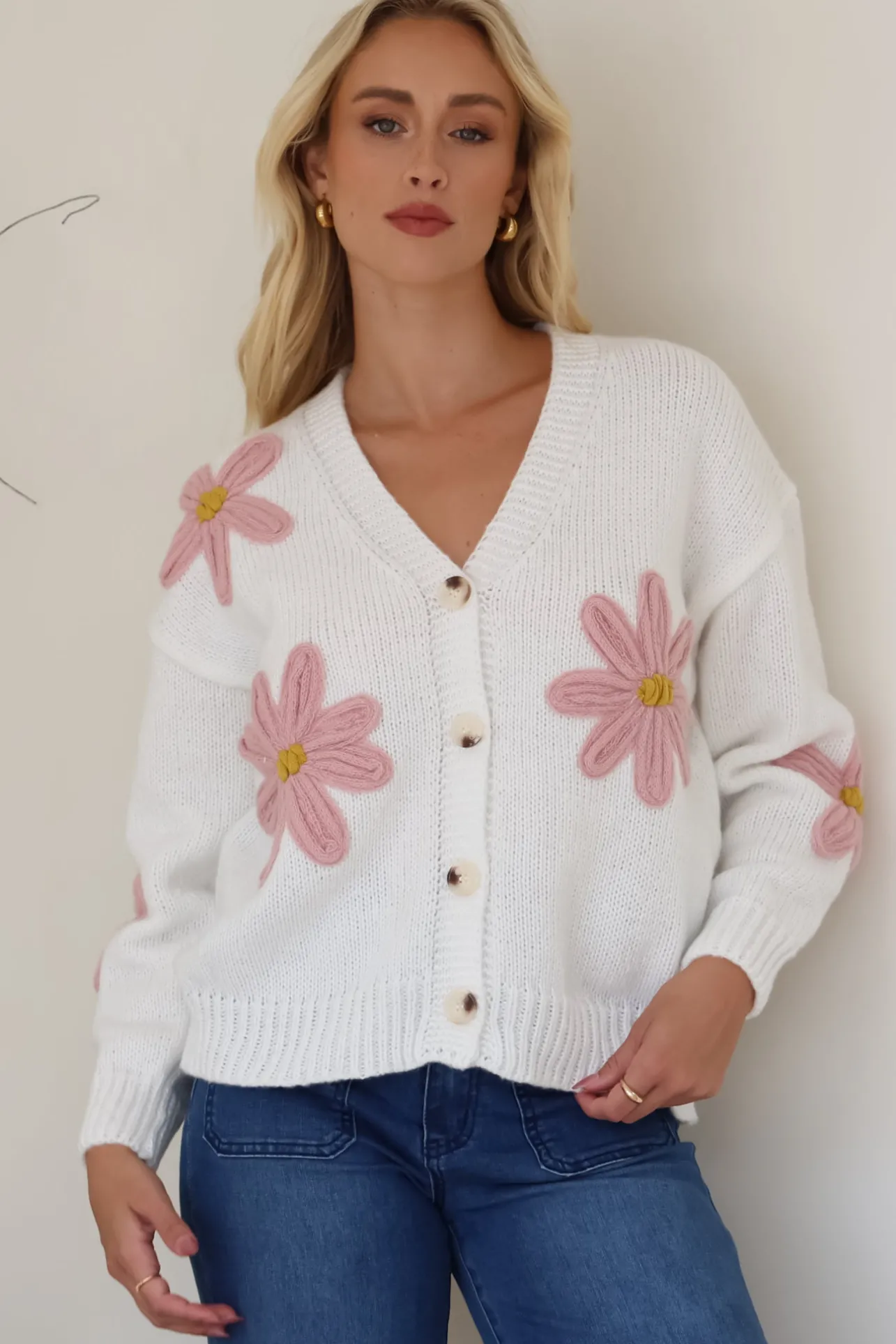 Daisy Belle Cardigan - Cropped Thick Knit Cardigan with Flower Decals in White>Salty Crush Sale