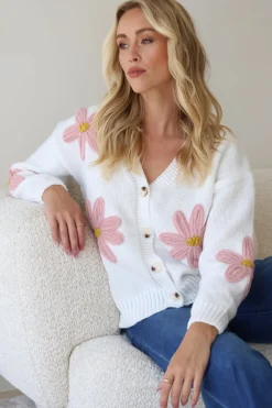 Daisy Belle Cardigan - Cropped Thick Knit Cardigan with Flower Decals in White><noscript><img width=