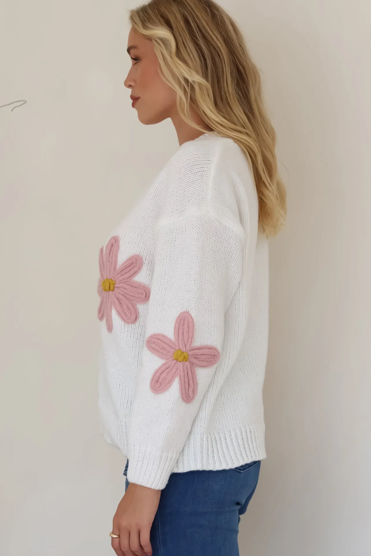 Daisy Belle Cardigan - Cropped Thick Knit Cardigan with Flower Decals in White>Salty Crush Sale