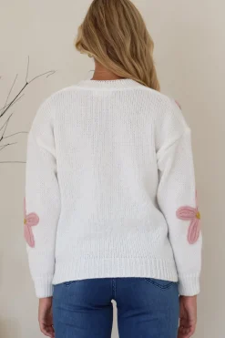 Daisy Belle Cardigan - Cropped Thick Knit Cardigan with Flower Decals in White><noscript><img width=