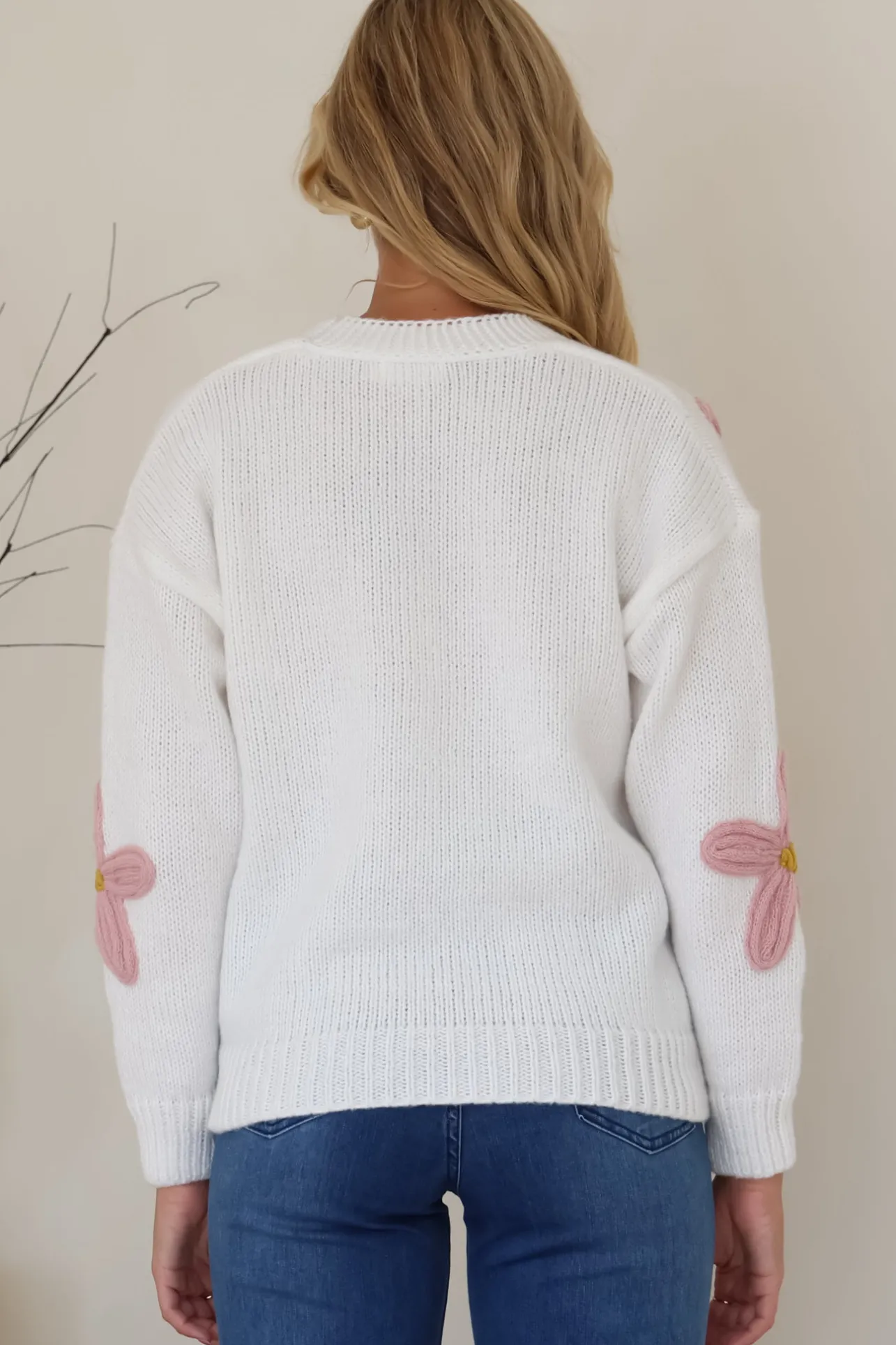 Daisy Belle Cardigan - Cropped Thick Knit Cardigan with Flower Decals in White>Salty Crush Sale