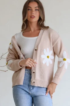 Daisy Belle Cardigan - Cropped Thick Knit Cardigan with Flower Decals in Beige><noscript><img width=