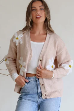 Daisy Belle Cardigan - Cropped Thick Knit Cardigan with Flower Decals in Beige><noscript><img width=