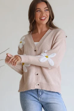 Daisy Belle Cardigan - Cropped Thick Knit Cardigan with Flower Decals in Beige><noscript><img width=