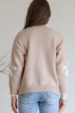 Daisy Belle Cardigan - Cropped Thick Knit Cardigan with Flower Decals in Beige><noscript><img width=