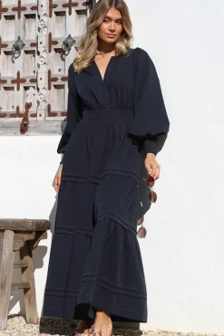 Dara Maxi Dress - Mandarin Collar Tiered Dress with Pockets in Navy><noscript><img width=