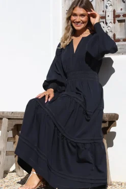 Dara Maxi Dress - Mandarin Collar Tiered Dress with Pockets in Navy><noscript><img width=