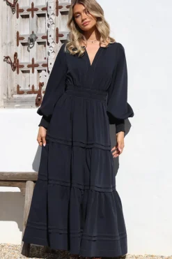 Dara Maxi Dress - Mandarin Collar Tiered Dress with Pockets in Navy><noscript><img width=