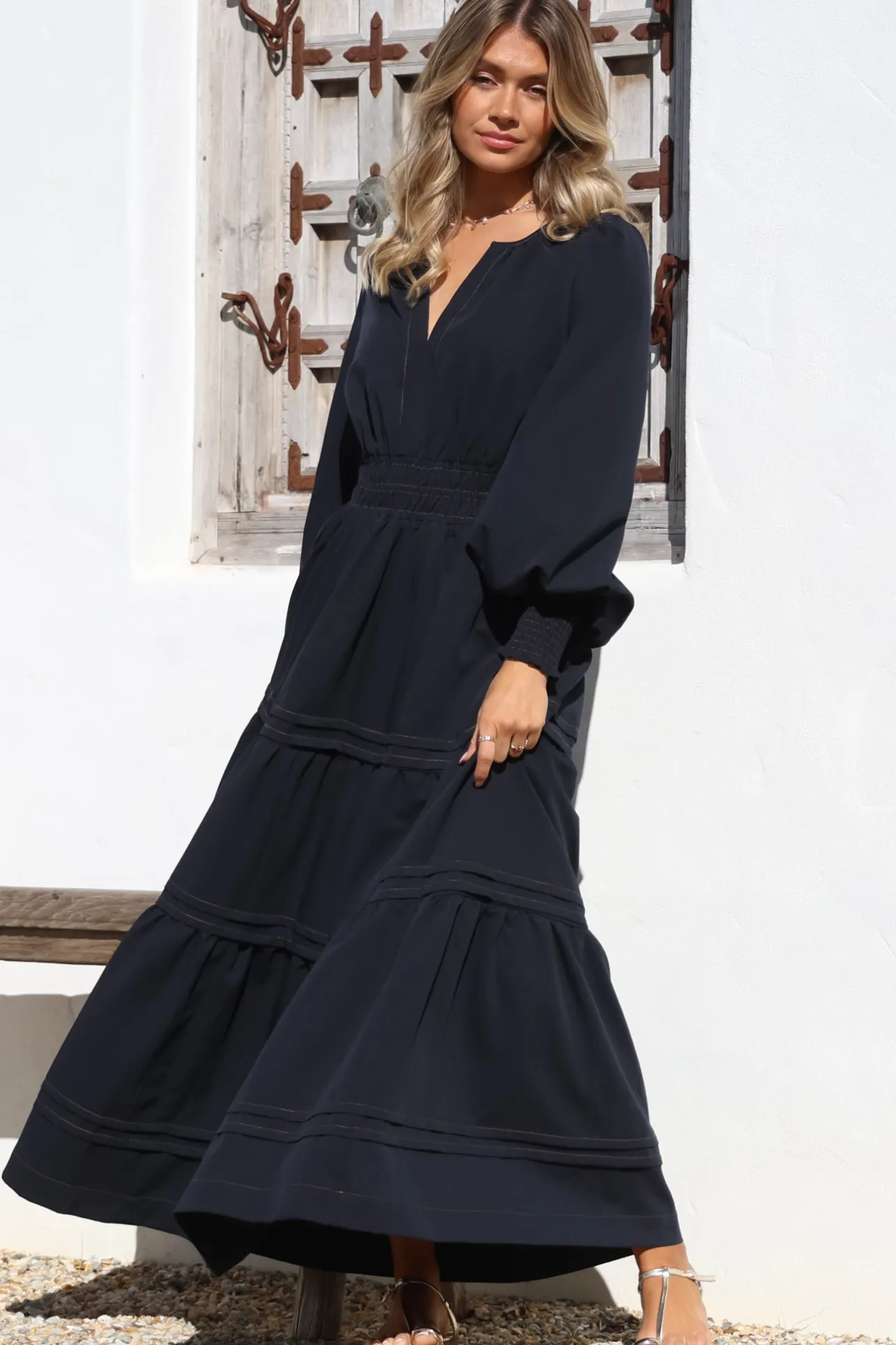 Dara Maxi Dress - Mandarin Collar Tiered Dress with Pockets in Navy>Salty Crush New