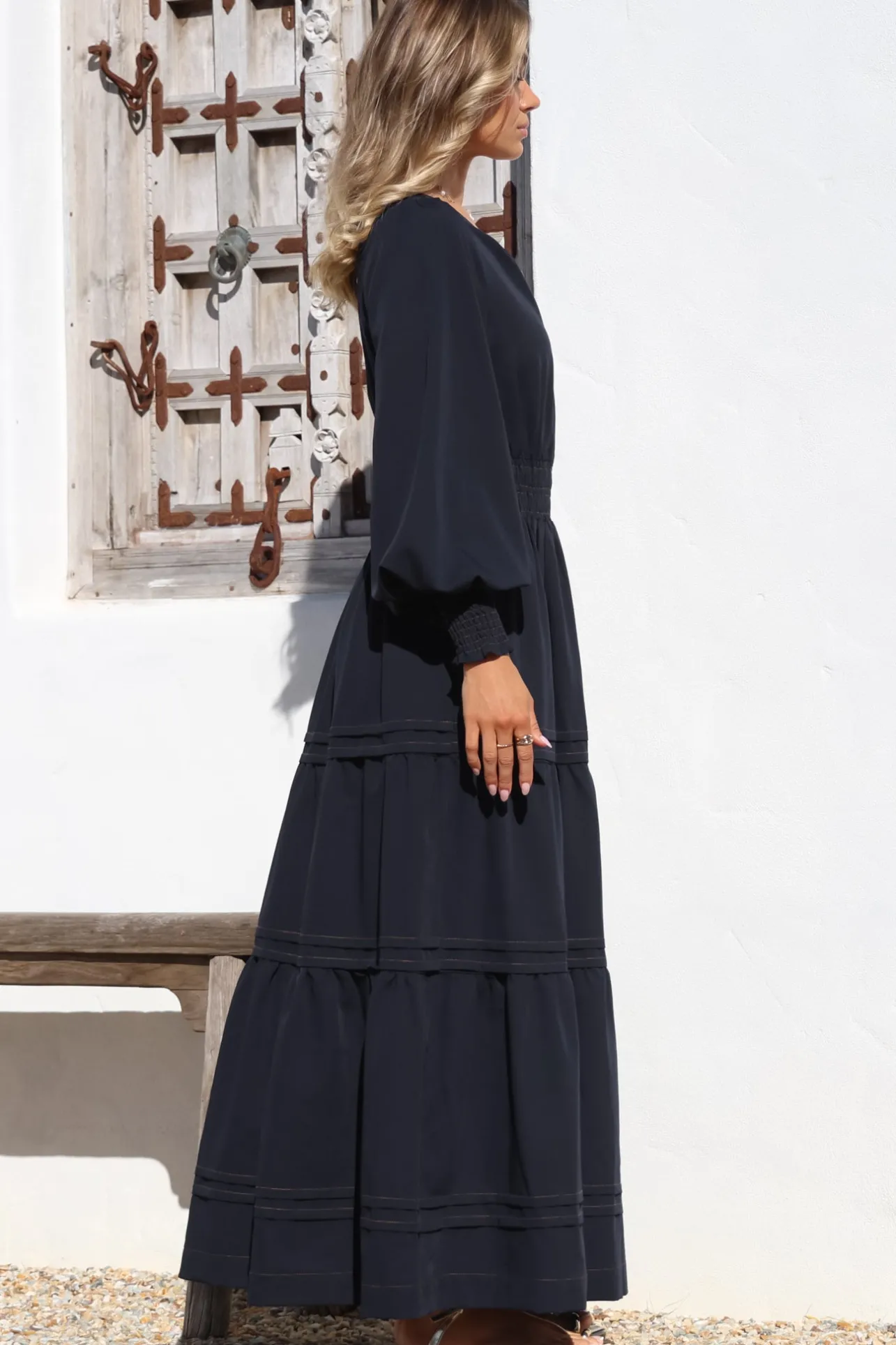 Dara Maxi Dress - Mandarin Collar Tiered Dress with Pockets in Navy>Salty Crush New