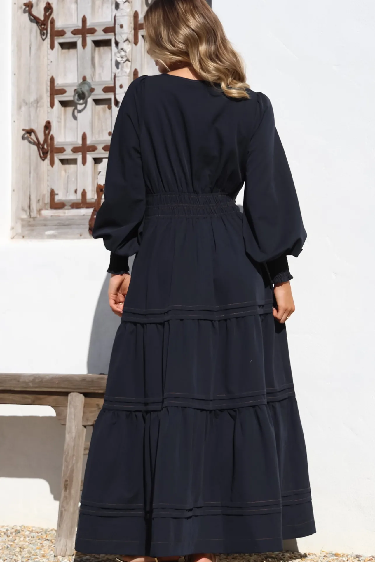 Dara Maxi Dress - Mandarin Collar Tiered Dress with Pockets in Navy>Salty Crush New