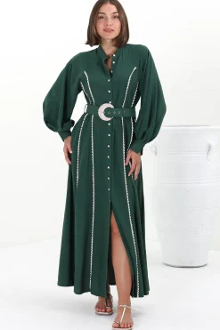 Darcy Maxi Dress - Contrast Detailing Button Down Dress with Belt in Khaki>Salty Crush Hot
