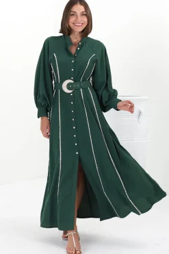 Darcy Maxi Dress - Contrast Detailing Button Down Dress with Belt in Khaki><noscript><img width=