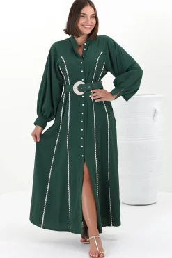 Darcy Maxi Dress - Contrast Detailing Button Down Dress with Belt in Khaki><noscript><img width=
