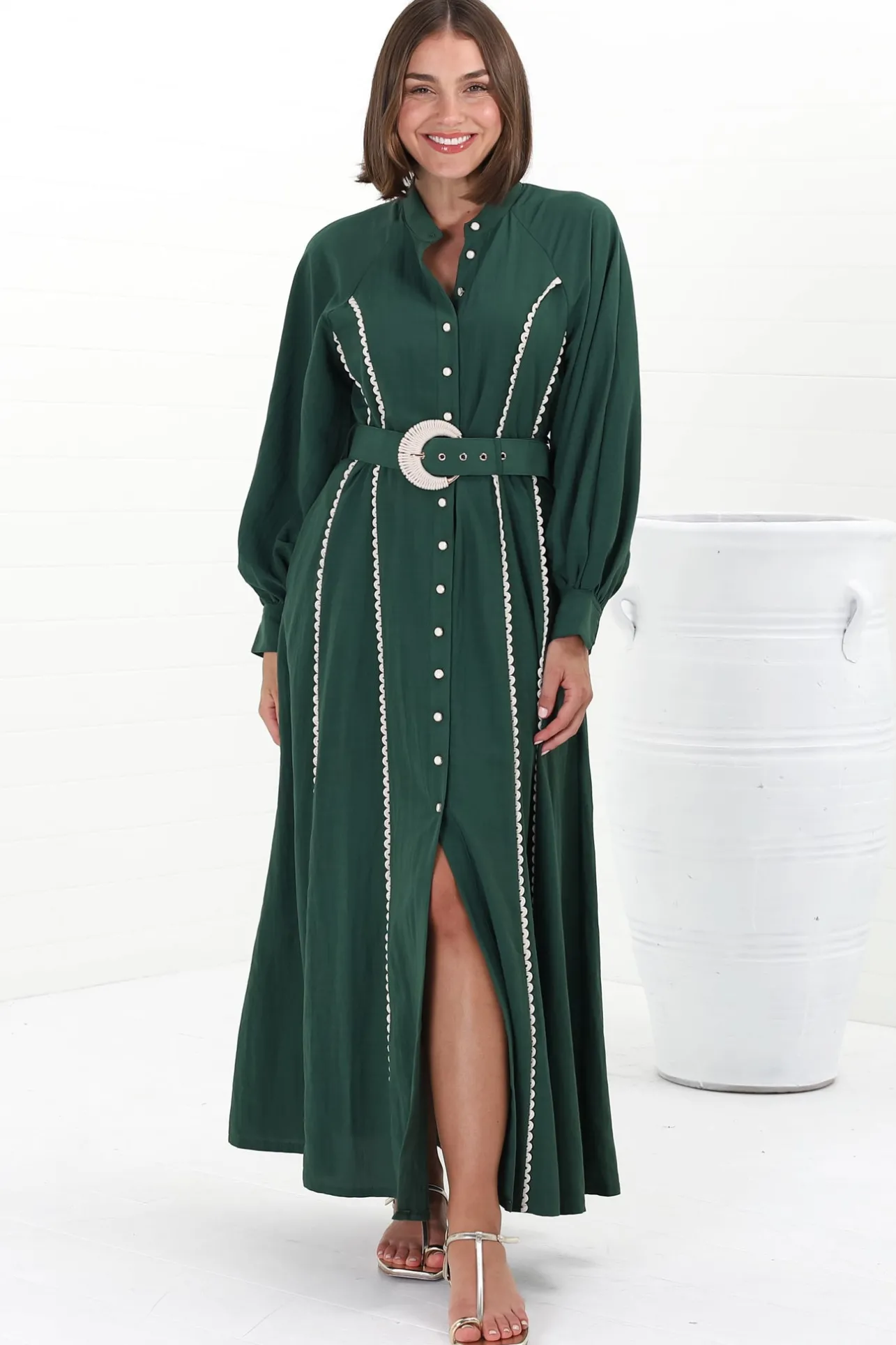 Darcy Maxi Dress - Contrast Detailing Button Down Dress with Belt in Khaki>Salty Crush Hot