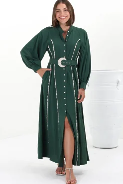 Darcy Maxi Dress - Contrast Detailing Button Down Dress with Belt in Khaki><noscript><img width=