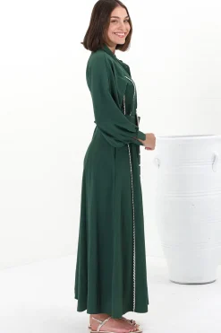 Darcy Maxi Dress - Contrast Detailing Button Down Dress with Belt in Khaki><noscript><img width=