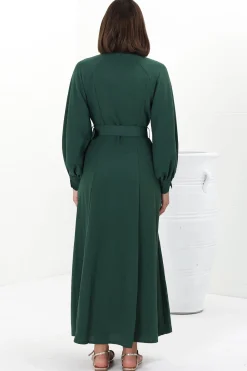Darcy Maxi Dress - Contrast Detailing Button Down Dress with Belt in Khaki><noscript><img width=