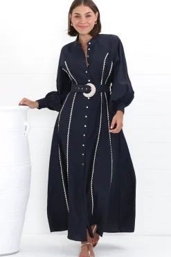 Darcy Maxi Dress - Contrast Detailing Button Down Dress with Belt in Navy><noscript><img width=