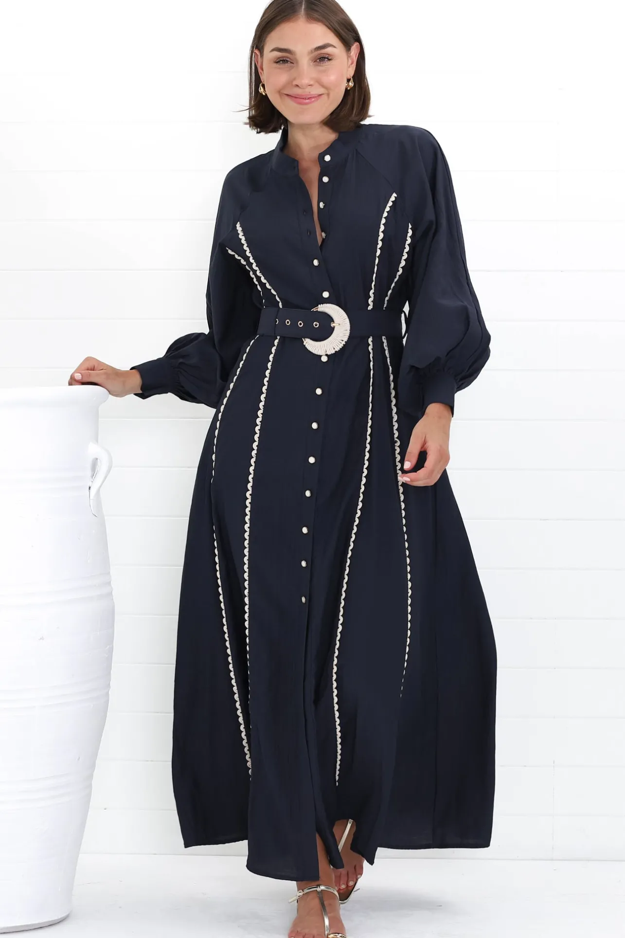Darcy Maxi Dress - Contrast Detailing Button Down Dress with Belt in Navy>Salty Crush Discount