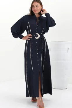 Darcy Maxi Dress - Contrast Detailing Button Down Dress with Belt in Navy><noscript><img width=