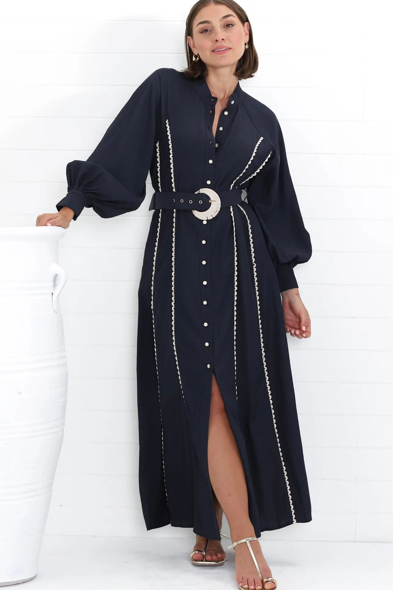 Darcy Maxi Dress - Contrast Detailing Button Down Dress with Belt in Navy>Salty Crush Discount