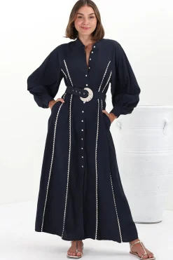 Darcy Maxi Dress - Contrast Detailing Button Down Dress with Belt in Navy><noscript><img width=