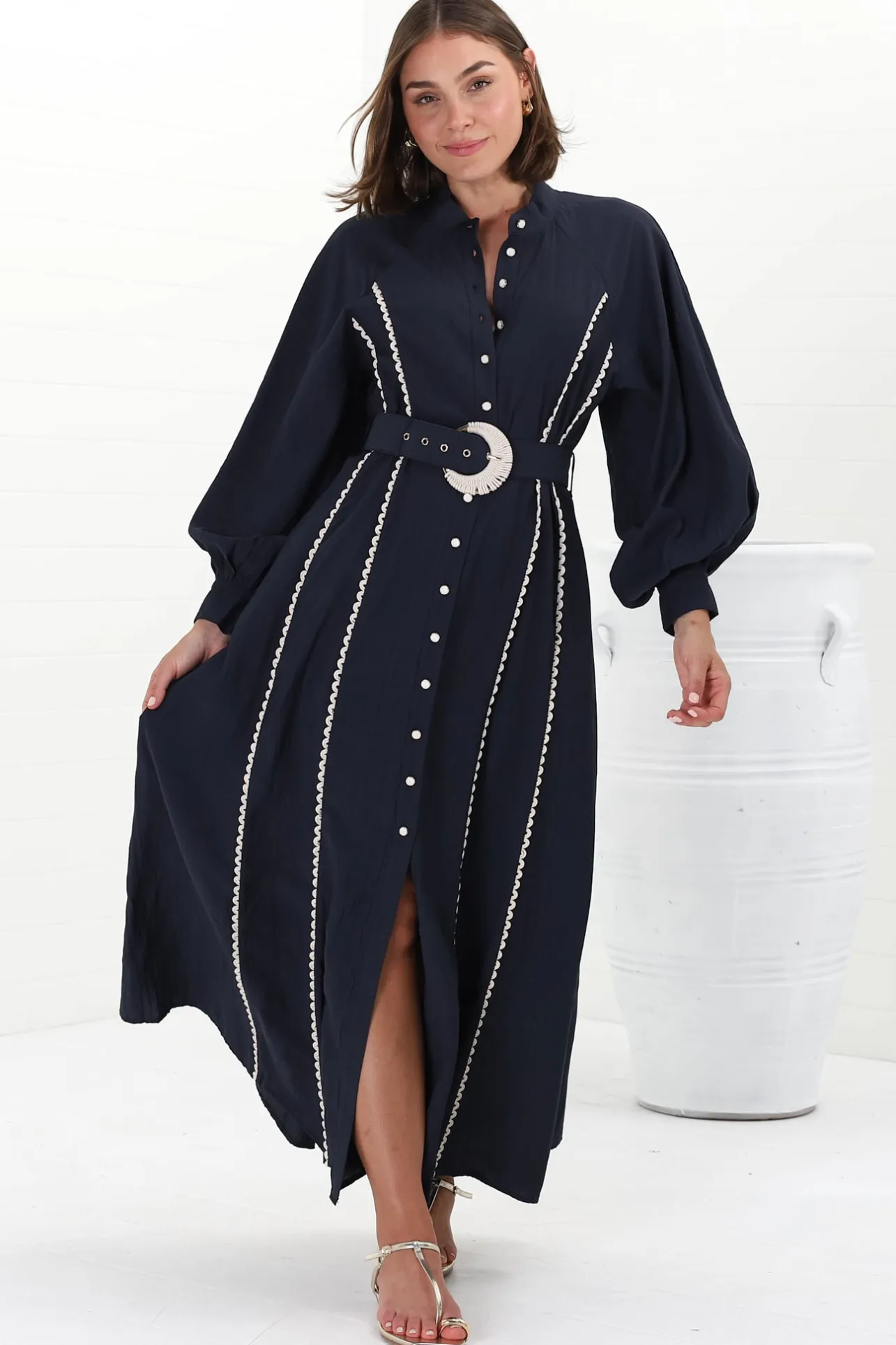 Darcy Maxi Dress - Contrast Detailing Button Down Dress with Belt in Navy>Salty Crush Discount