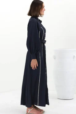 Darcy Maxi Dress - Contrast Detailing Button Down Dress with Belt in Navy><noscript><img width=