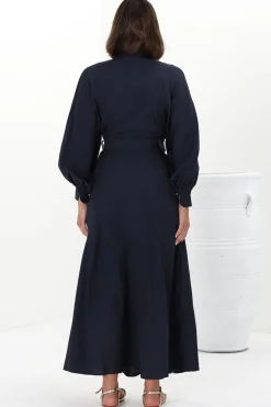 Darcy Maxi Dress - Contrast Detailing Button Down Dress with Belt in Navy><noscript><img width=