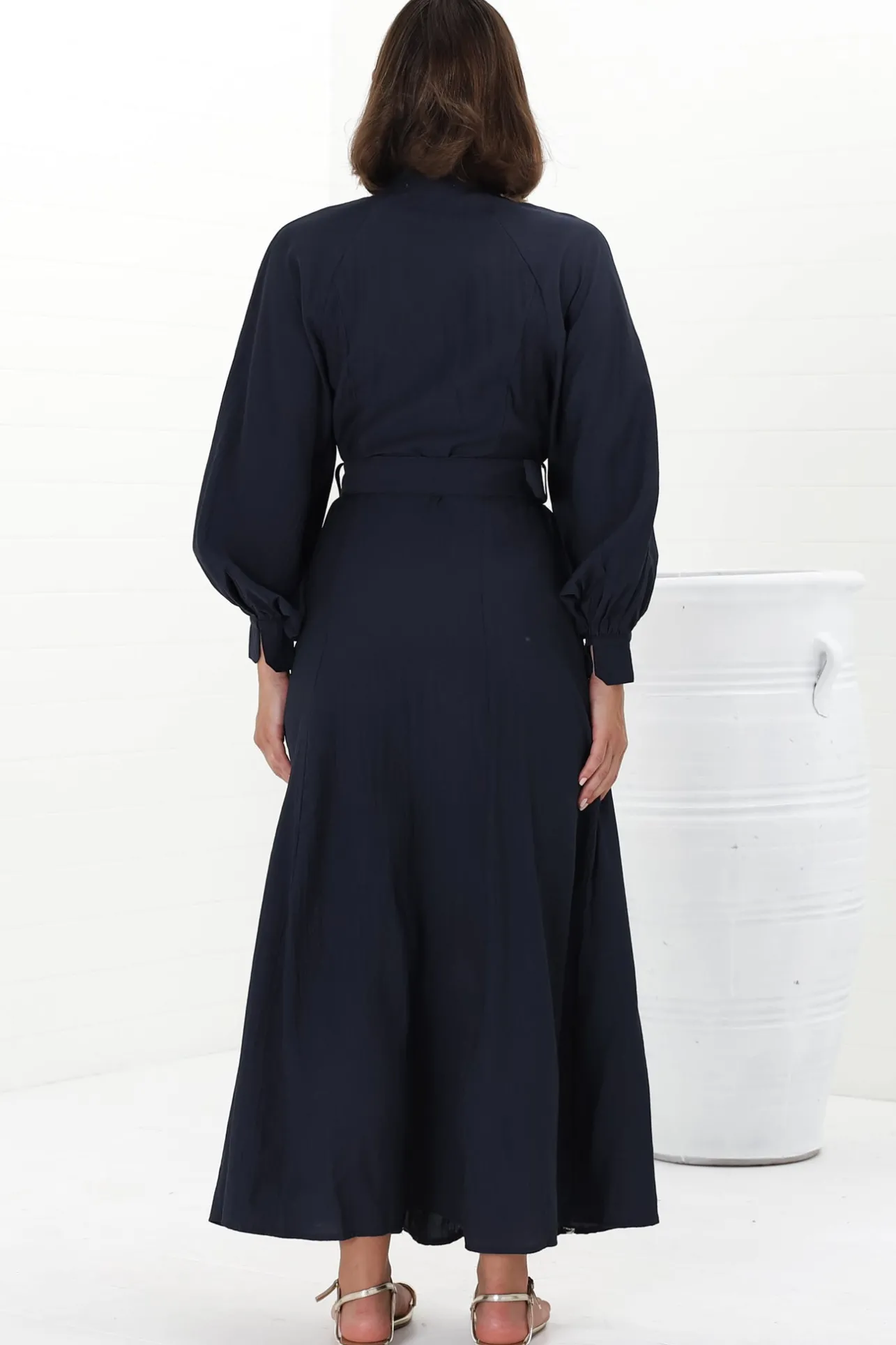 Darcy Maxi Dress - Contrast Detailing Button Down Dress with Belt in Navy>Salty Crush Discount