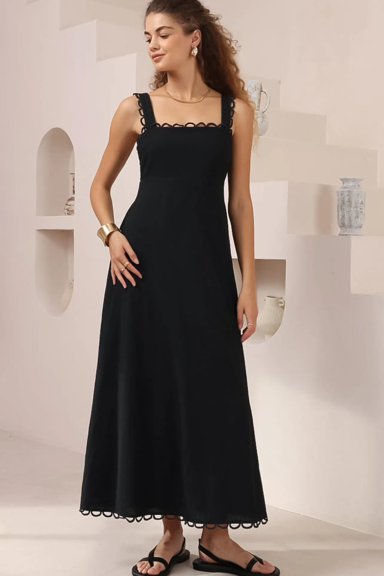 Darla Midi Dress - Scallop Trim Thick Strap Cotton Sun Dress in Black>Salty Crush Discount