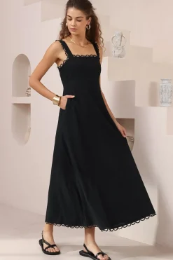Darla Midi Dress - Scallop Trim Thick Strap Cotton Sun Dress in Black>Salty Crush Discount