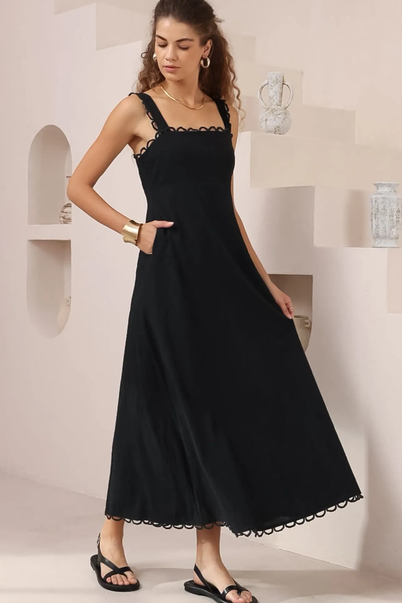 Darla Midi Dress - Scallop Trim Thick Strap Cotton Sun Dress in Black>Salty Crush Discount