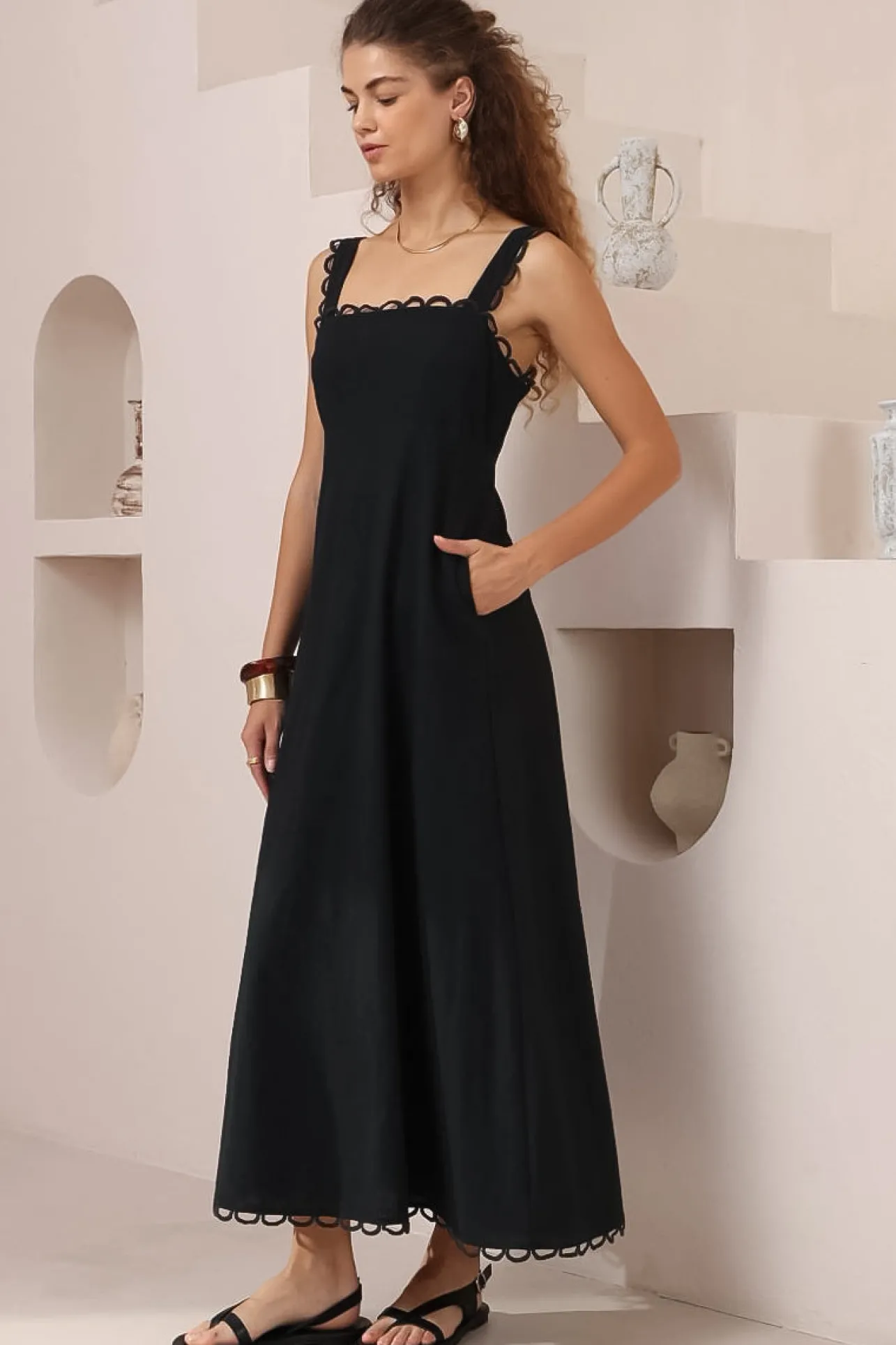 Darla Midi Dress - Scallop Trim Thick Strap Cotton Sun Dress in Black>Salty Crush Discount