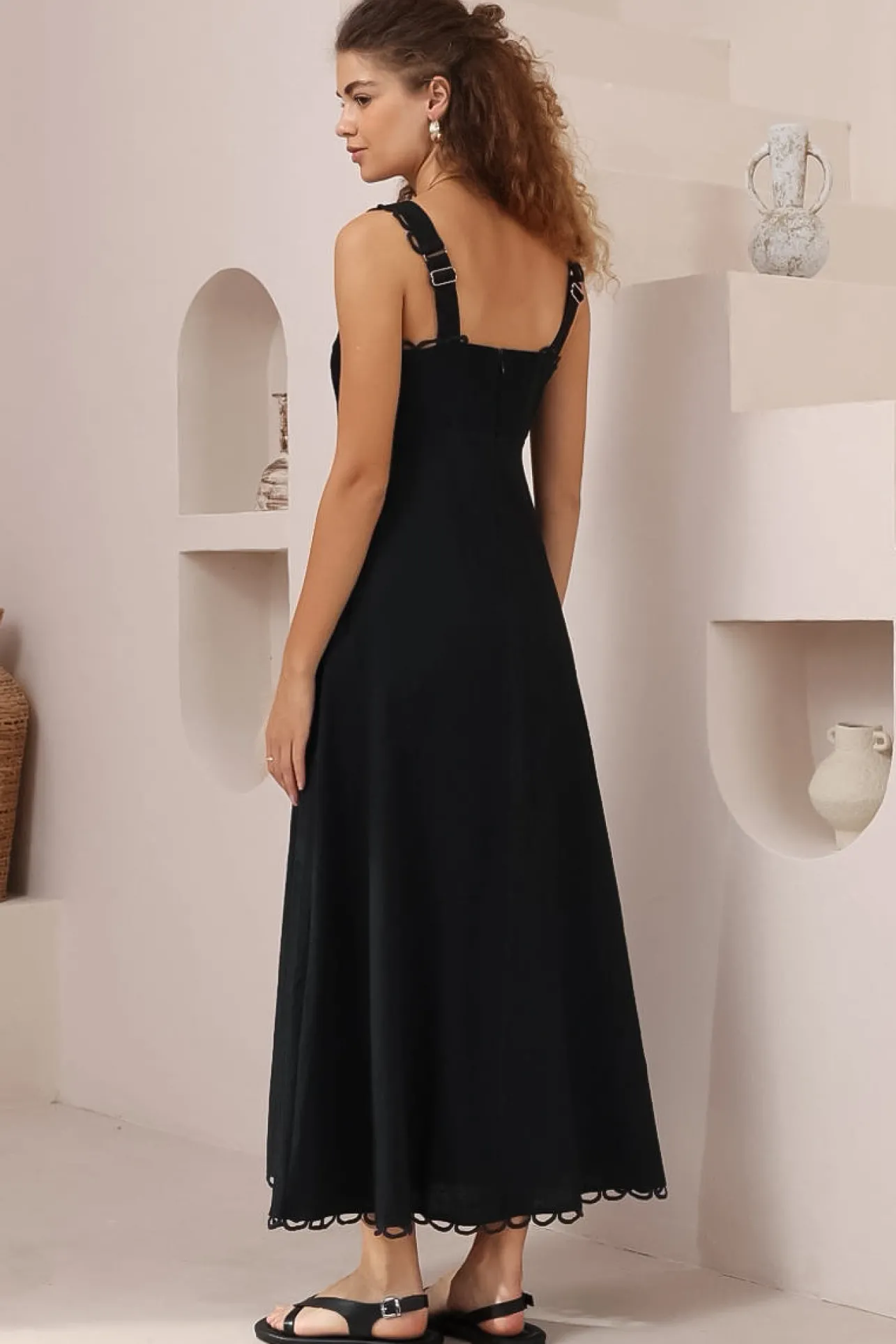 Darla Midi Dress - Scallop Trim Thick Strap Cotton Sun Dress in Black>Salty Crush Discount