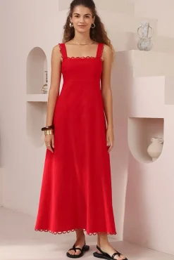 Darla Midi Dress - Scallop Trim Thick Strap Cotton Sun Dress in Red>Salty Crush Clearance