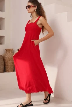 Darla Midi Dress - Scallop Trim Thick Strap Cotton Sun Dress in Red><noscript><img width=