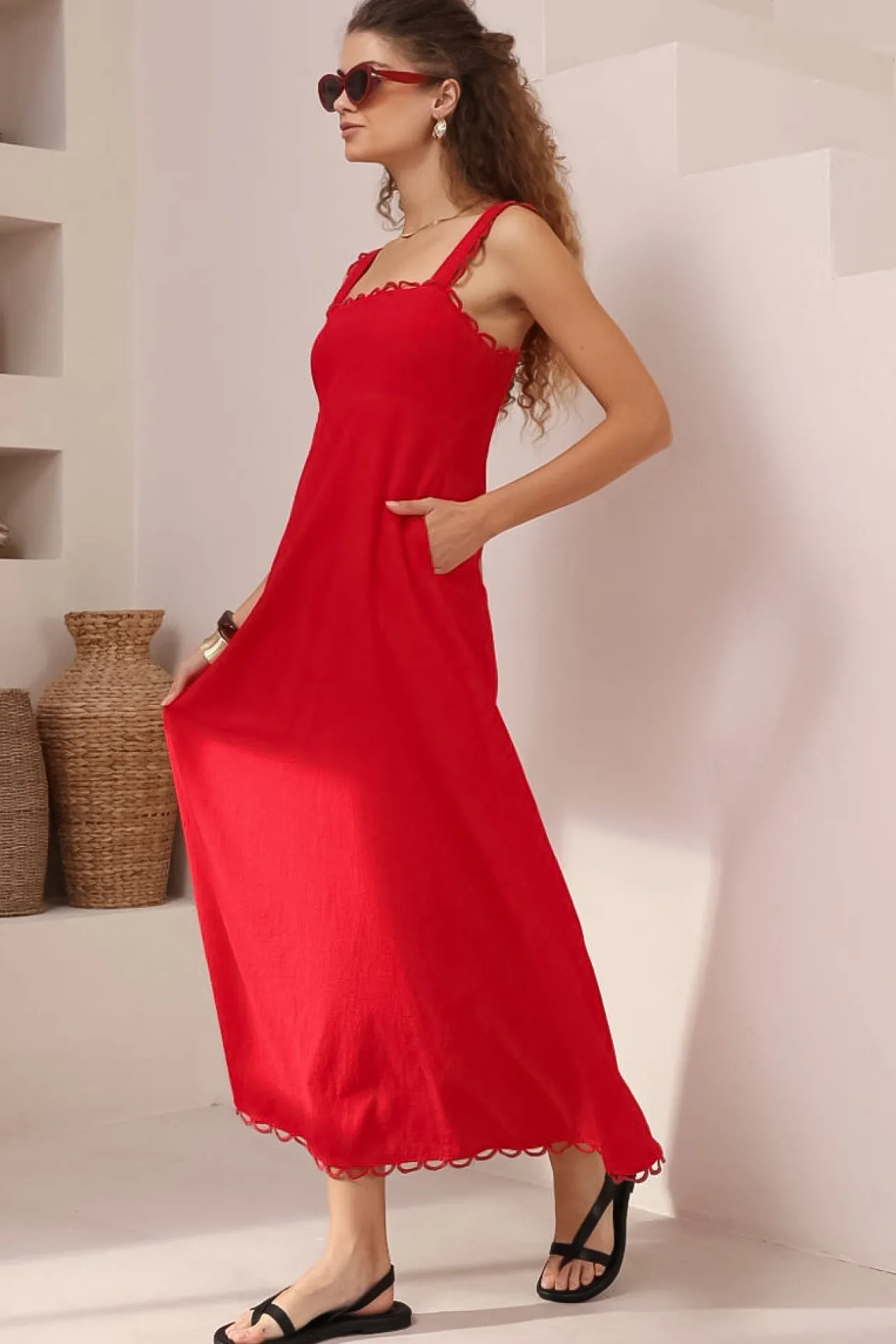 Darla Midi Dress - Scallop Trim Thick Strap Cotton Sun Dress in Red>Salty Crush Clearance