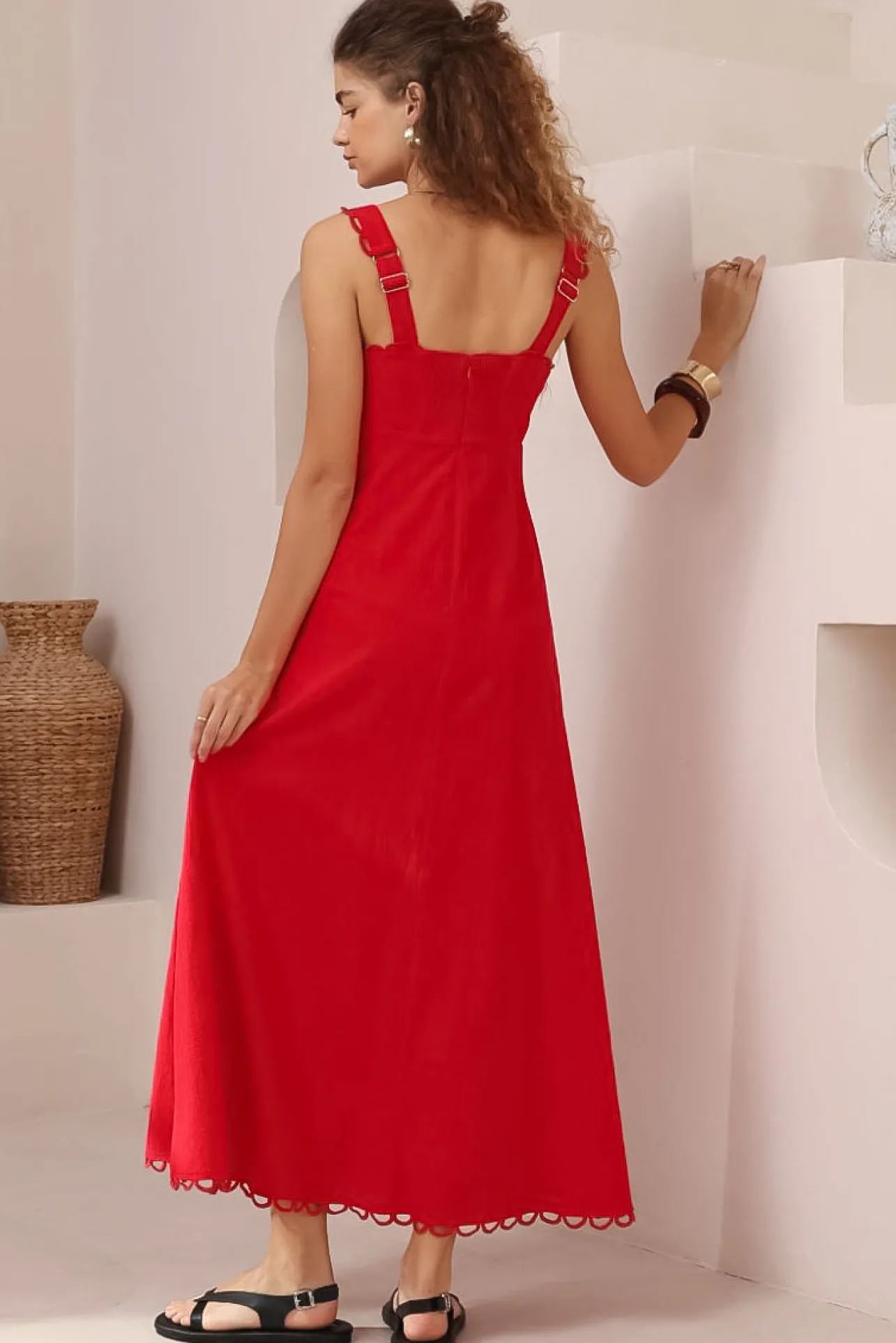 Darla Midi Dress - Scallop Trim Thick Strap Cotton Sun Dress in Red>Salty Crush Clearance
