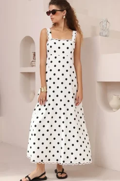 Darla Midi Dress - Scallop Trim Thick Strap Cotton Sun Dress in Polka Dots White><noscript><img width=