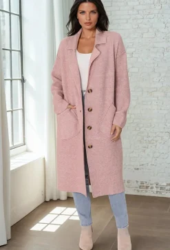 Davie Cardigan - Collared Button Down Coatigan in Pink>Salty Crush Hot