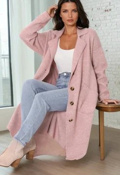 Davie Cardigan - Collared Button Down Coatigan in Pink>Salty Crush Hot