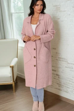 Davie Cardigan - Collared Button Down Coatigan in Pink><noscript><img width=