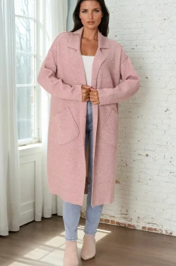 Davie Cardigan - Collared Button Down Coatigan in Pink><noscript><img width=
