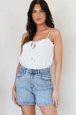 Davie Denim Shorts - High Waisted Straight Leg Shorts in Light Denim><noscript><img width=